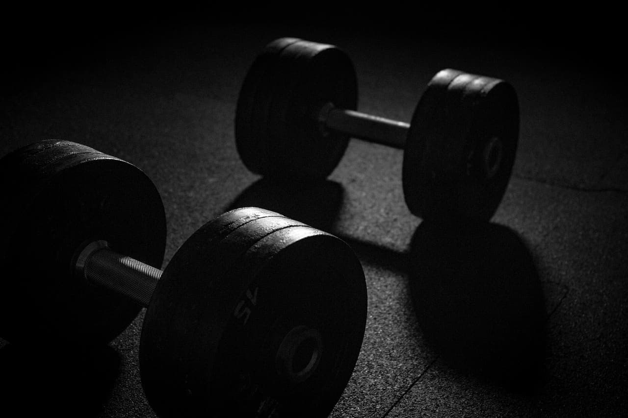 Plate-loaded dumbbells on a rubber gym floor in low light