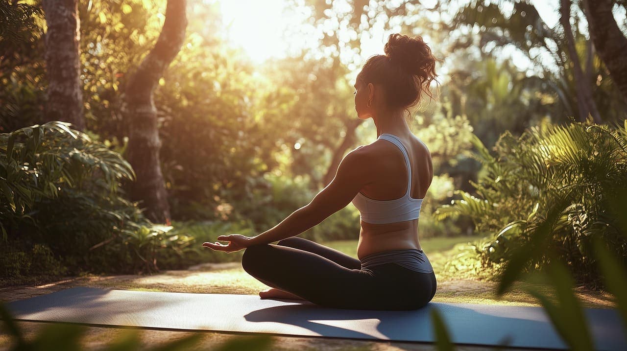 A woman sits cross-legged on a mat in a garden as golden morning light comes through the trees