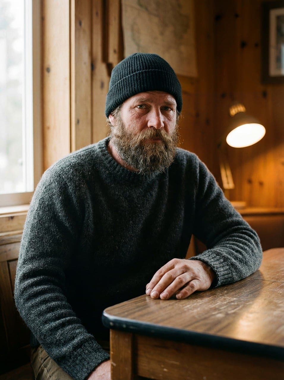 Tomas Lindqvist, bearded, in a wool jumper and beanie at a wooden table